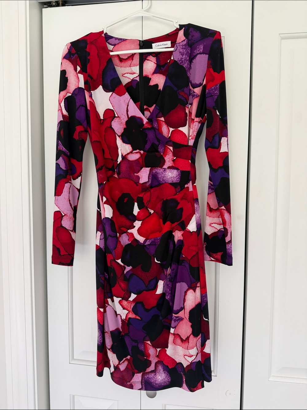 Calvin Klein Long-Sleeve Abstract Floral Wrap Dress in Red, Purple, Black
